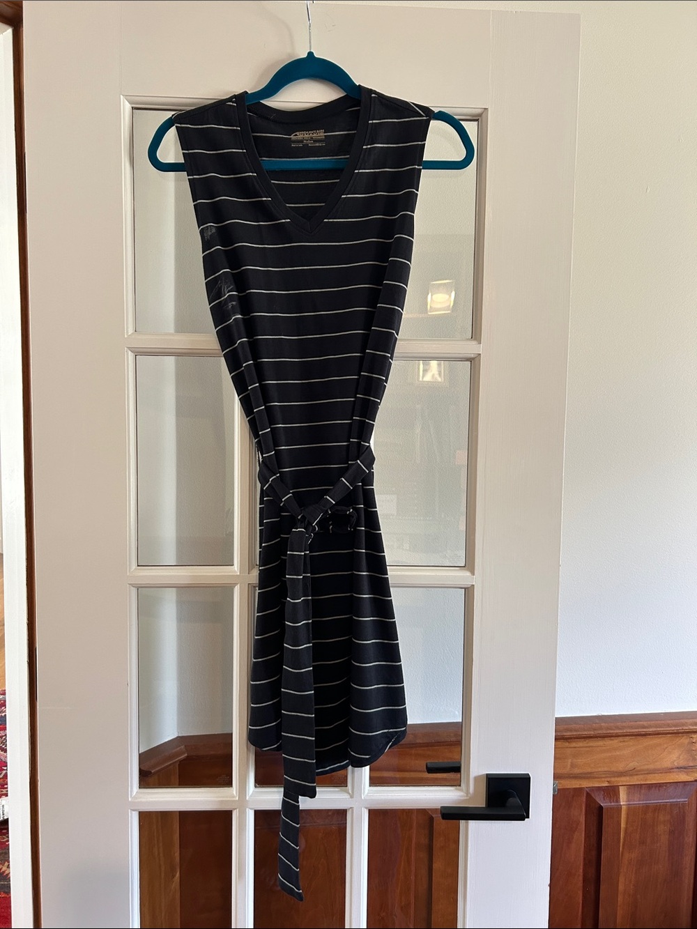 Mountain Khakis Black and White Striped V‑Neck Belted Mini Dress
